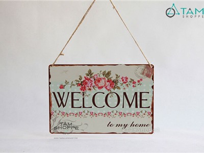 Bảng treo cửa WELCOME bằng thiếc Vintage