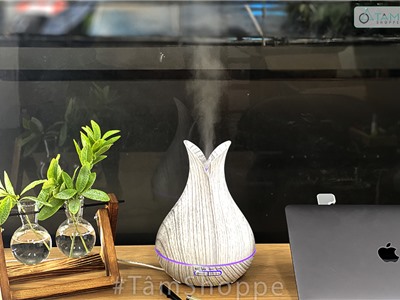Máy khuếch tán tinh dầu Tulip 2 cánh vân gỗ trắng phun khói siêu âm [Tặng tinh dầu] MKTTD-20
