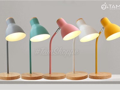 Đèn bàn học đế gỗ chụp phễu 5 màu Pastel Nordic Style DBH-DB-01
