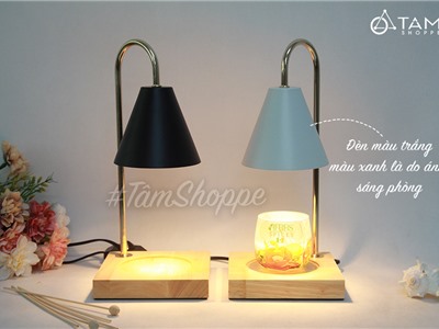 Đèn đốt nến thơm đế gỗ chụp kim loại hình nón (tặng bóng dự phòng) DDNT-KL-01
