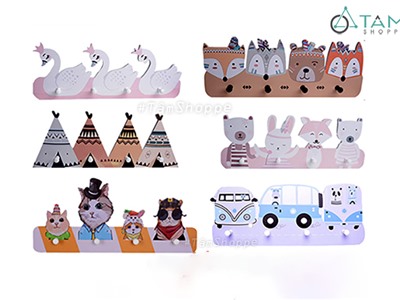 Móc treo đồ gắn tường hoạt hình nhiều kiểu 4 chốt gỗ FO-MTĐ-12