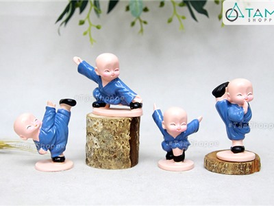 Bộ 04 tượng chú tiểu múa võ áo xanh