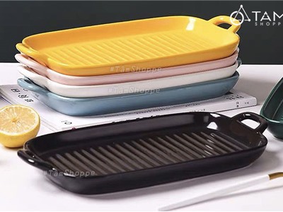 Chảo gốm sứ cao cấp chữ nhật có khía 2 quai cầm trơn màu Nordic Style