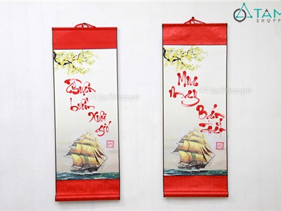 Liễn thư pháp viết tay trắng đỏ Chúc làm ăn thuận lợi D80cm T-LTP-06