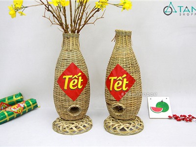 Lọ hoa Tết bằng tre handmade Lợp bắt cá C36cm MTL-LHOA-60