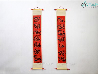 Set 02 Câu đối thư pháp viết tay mành tre chủ đề Tổ Tiên D80cm T-LTP-08