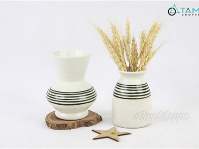 Bình hoa gốm nhỏ trắng sọc đen 2 kiểu BHLH-GOM-01