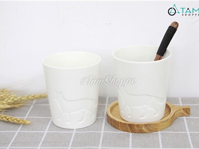 Ly gốm trắng hình cáo tuyết dập chìm DDNB-LY-02