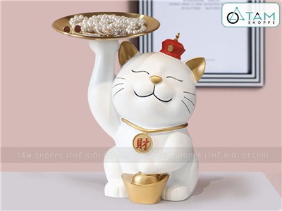 Tượng mèo thần tài nâng dĩa màu trắng [Sắc sảo - Dĩa kim loại] TCV-MEO-02
