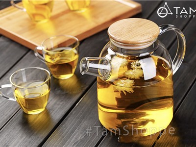 Ấm trà thủy tinh nắp gỗ tre cao cấp AMTT-01