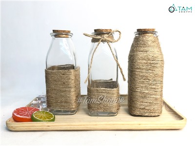 Chai thủy tinh quấn dây thừng trụ vuông cao 16cm [3 kiểu chọn - Kèm nút] CHAILO-HM-03