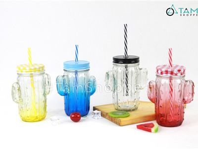 Ly thủy tinh xương rồng có quai trong suốt nhiều màu LTT-05