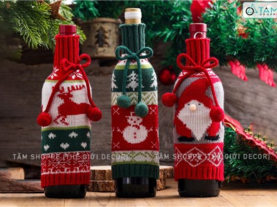 Áo vải bọc chai rượu Noel vải len cổ lọ BCHR-X-05