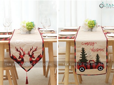 Khăn trải bàn ăn vải bố dày viền caro đỏ đen tuần lộc ô tô D180cm KTBA-X-06