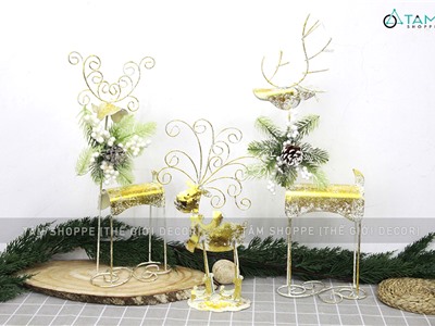 Mô hình tuần lộc kim loại ánh kim vàng sừng xoắn điệu đà TCV-TLOC-04