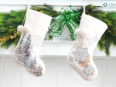 Vớ tất Noel vải lông trắng thêu họa tiết Bắc Âu D50cm VOTAT-X-05