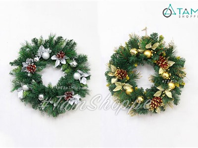 Vòng nguyệt quế 3 loại lá phủ kim tuyến đơn giản ĐK60cm X-VNGQ-21