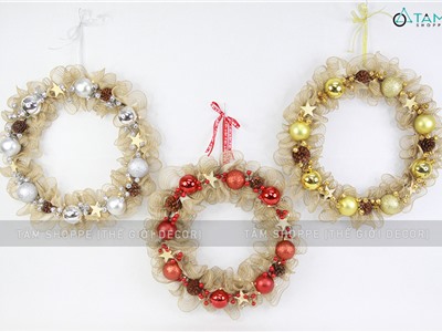 Vòng nguyệt quế Noel lưới bố nhún bèo 8 trái châu ĐK50cm (Có đèn Led) VNGQ-X-35