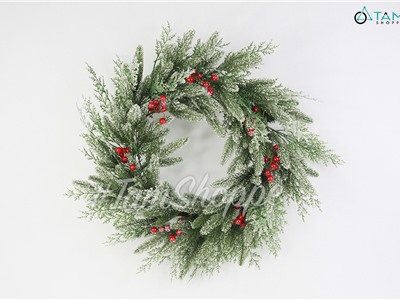  Vòng nguyệt quế PE phủ tuyết hai loại lá gắn trái đỏ ĐK60cm X-VNGQ-26