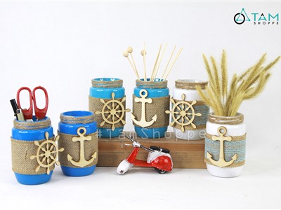 Lọ thủy tinh DIY phong cách biển bố ren phụ kiện gỗ CTT-05