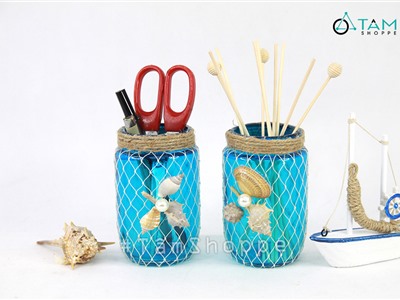 Lọ thủy tinh DIY phong cách biển quấn lưới ốc sò CTT-06