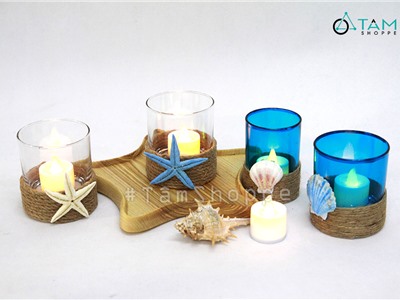 Chân nến ly thủy tinh quấn dây thừng sao sò CHN-26