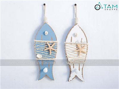 Dây treo cá gỗ lưới ngang có móc treo đồ [Thủ công - Giả cổ] DTR-BIEN-08