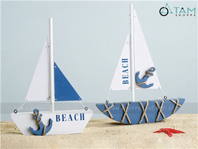 Mô hình thuyền buồm gỗ xanh trắng đơn giản chữ BEACH [Thủ công - 2 kiểu] THUYEN-03