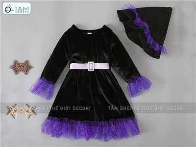 Bộ đồ hóa trang đầm xòe phù thủy đen tím (đầm + nón) BOHOATRANG-03