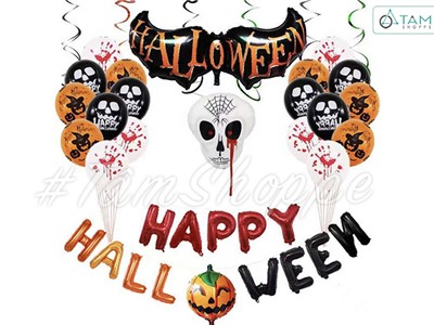 Bộ trang trí Halloween nguyên Set chủ đề Đầu lâu trắng như hình HLW-SET-02