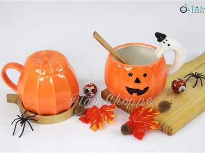 Ly gốm Halloween bí ngô dễ thương có quai cầm LGOM-02