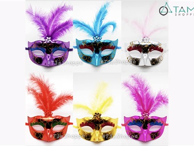 Mặt nạ dạ hội nửa mặt lông vũ đính giữa mắt kim tuyến ngọc hoa mai HLW-MN-59