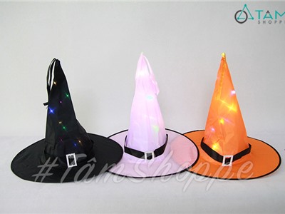 Nón phù thủy vải trơn có đèn led nhiều màu HLW-NPT-03