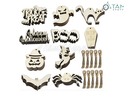 Set 10 Phụ kiện treo Halloween gỗ DIY tự vẽ tay cùng kiểu HLW-PKT-01