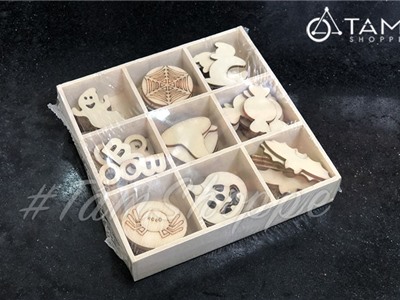 Hộp 72 phụ kiện Halloween nhí bằng gỗ DIY tự vẽ nhiều kiểu HLW-PK-01