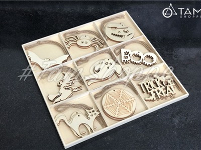 Hộp 36 phụ kiện treo Halloween bằng gỗ DIY tự vẽ nhiều kiểu HLW-PKT-02