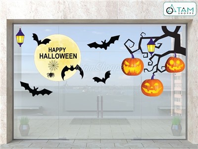 Set Decal Halloween chủ đề Cây treo bí đèn khổ lớn 2x2m DECAL-HLW2M-001