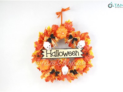 Vòng treo cửa Halloween lá phong vàng thu 4 nơ cam đen ĐK40cm HLW-VTC-34