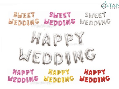 Bong bóng kiếng chữ HAPPY WEDDING cao 33cm BBK-HPWD-01