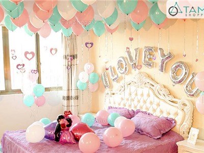 Bộ trang trí phòng cưới chữ I LOVE YOU tông Hồng Xanh ngọc CUOI-BTT-01