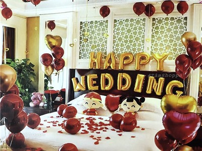 Bộ trang trí phòng cưới chữ Happy Wedding tông Vàng Đỏ NO.6669