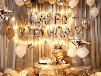 Bộ trang trí sinh nhật có dây đèn tông Bạc xám NO.8086