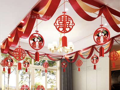 Bộ trang trí phòng cưới treo trần nhà tông Đỏ NO.9601-02