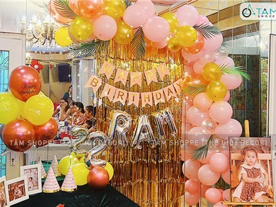 Bộ trang trí sinh nhật dây bóng tông hồng vàng lá dừa xanh SSNTS-01