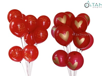 Set 10 bong bóng trang trí tiệc cưới trái tim chữ Hỷ Đỏ Vàng PA-BBCS-01