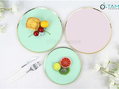 Đĩa giấy trang trí tiệc màu pastel tròn viền kim (Set 08 cái) DG-07