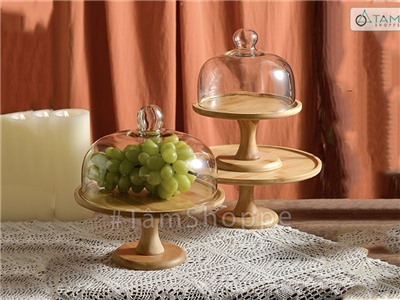 Kệ bánh chụp thủy tinh đế gỗ tre đế cao KEBANH-03