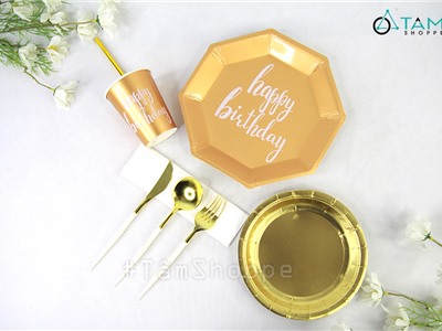 Set đồ giấy trang trí tiệc sinh nhật ép kim vàng đồng SETDG-01