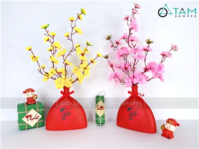 Bình hoa Tết mai đào thân tam giác cổ nhỏ [Set sẵn - Tiện lợi] BINHHOATTS-TET-01
