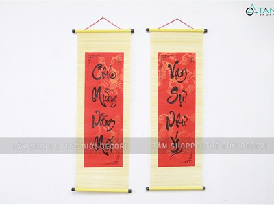 Bộ 02 câu đối thư pháp Tết mành tre in đỏ đen nhiều nội dung 30x90cm LTP-09